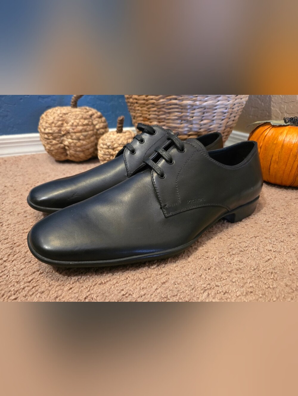 Prada Black Leather Derby Lace-Up Shoes Mens 9.5
